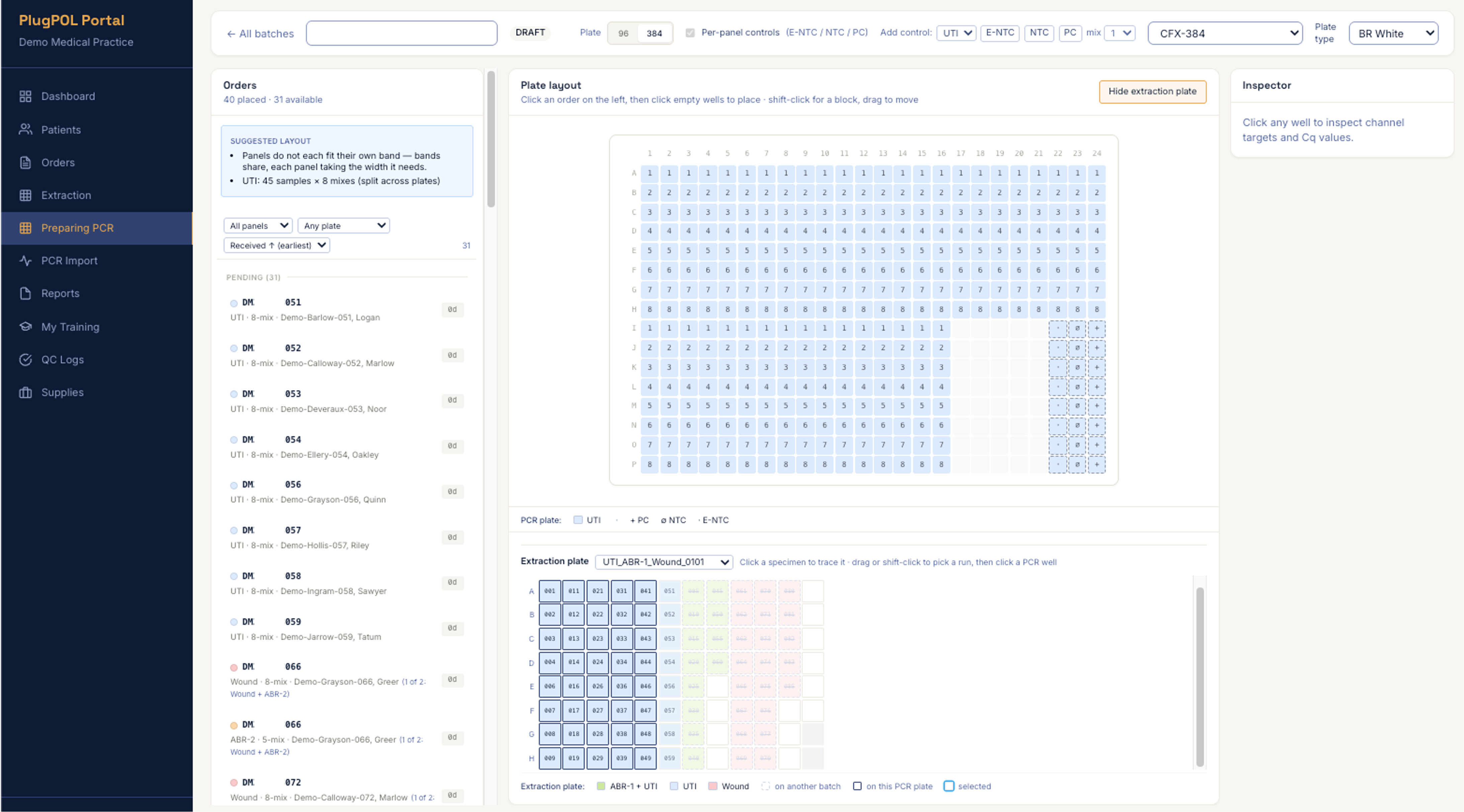 PlugLIS qPCR plate designer: a suggested layout callout above the pending orders, a 384-well plate grid with auto-placed NTC, E-NTC and PC controls, and the source extraction plate mapped underneath